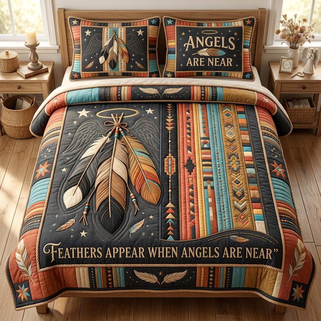 Sacred Feather Angels quilted 3-piece bedding set on a made bed in a softly lit bedroom