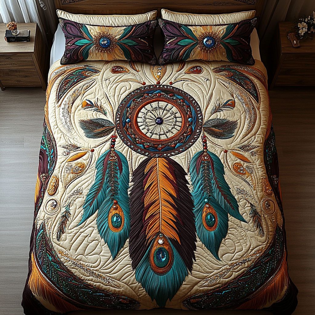 Sacred Feather Patterns quilted 3-piece bedding set on a made bed in a softly lit bedroom