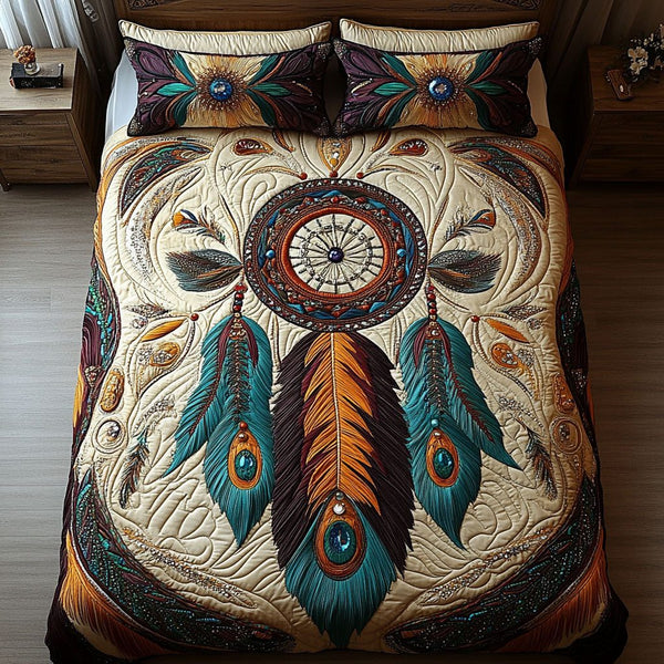 Sacred Feather Patterns quilted 3-piece bedding set on a made bed in a softly lit bedroom