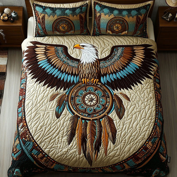 Sacred Feather Watcher quilted 3-piece bedding set on a made bed in a softly lit bedroom