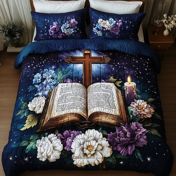 Sacred Garden quilted 3-piece bedding set on a made bed in a softly lit bedroom