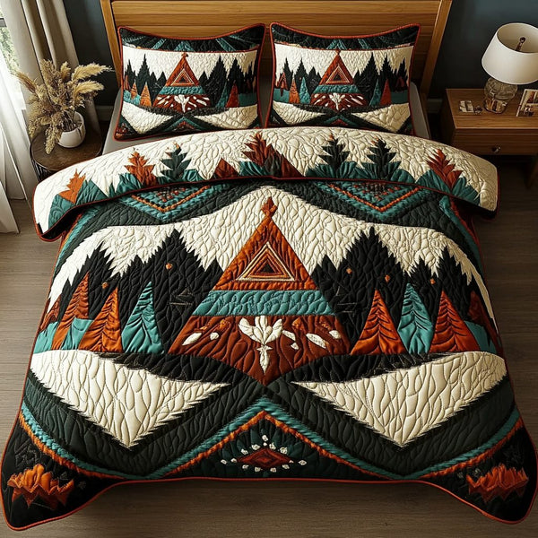 Sacred Geometry quilted 3-piece bedding set on a made bed in a softly lit bedroom