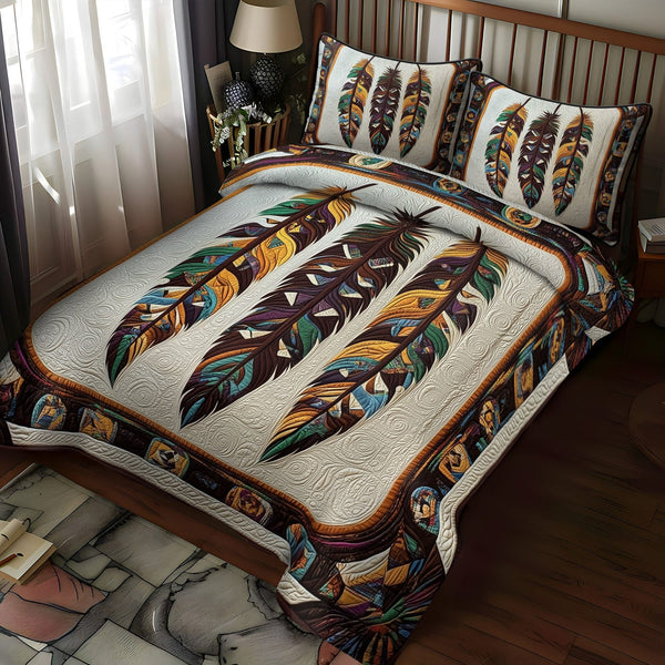Sacred Geometry quilted 3-piece bedding set on a made bed in a softly lit bedroom