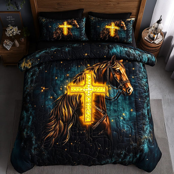 Sacred Grace quilted 3-piece bedding set on a made bed in a softly lit bedroom