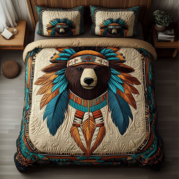 Sacred Grizzly quilted 3-piece bedding set on a made bed in a softly lit bedroom
