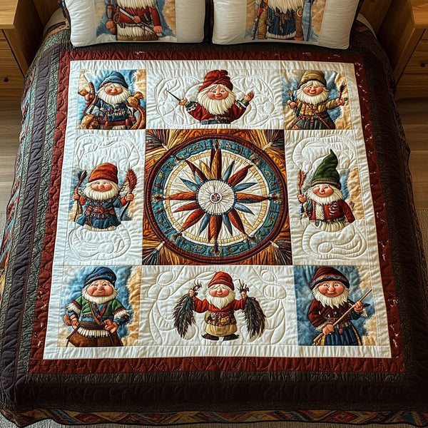 Sacred Grove Gnome quilted 3-piece bedding set on a made bed in a winter-styled bedroom