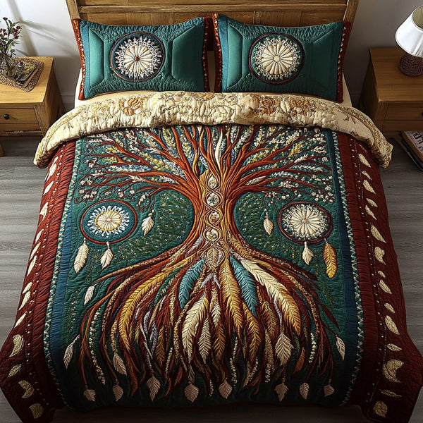 Sacred Grove quilted 3-piece bedding set on a made bed in a softly lit bedroom