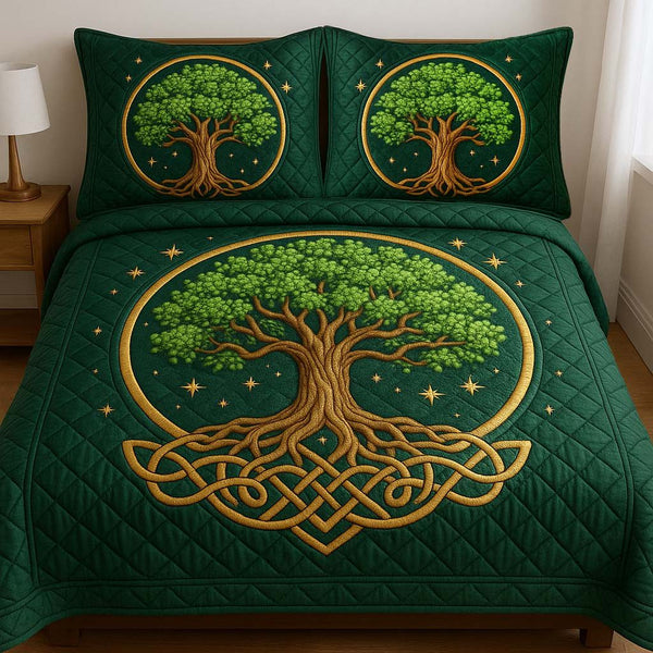 Sacred Growth quilted 3-piece bedding set on a made bed in a softly lit bedroom