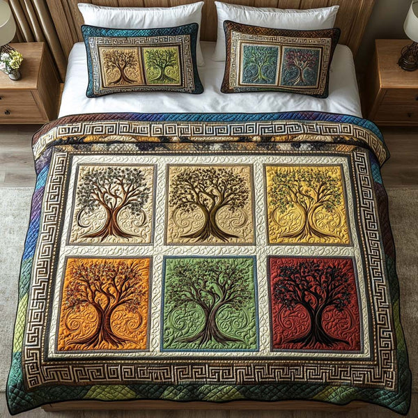 Sacred Growth quilted 3-piece bedding set on a made bed in a softly lit bedroom