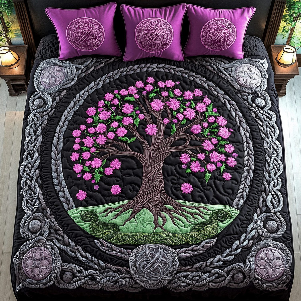 Sacred Growth quilted 3-piece bedding set on a made bed in a softly lit bedroom