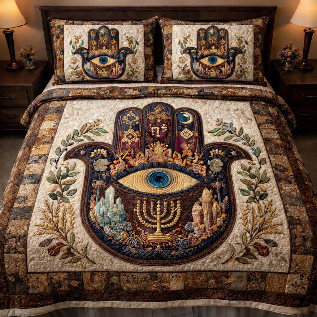 Sacred Hamsa Heritage quilted 3-piece bedding set on a made bed in a softly lit bedroom