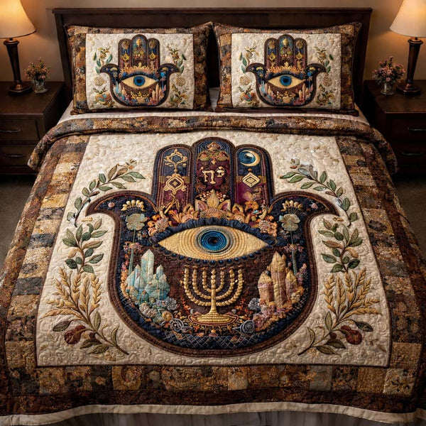 Sacred Hamsa Heritage quilted 3-piece bedding set on a made bed in a softly lit bedroom