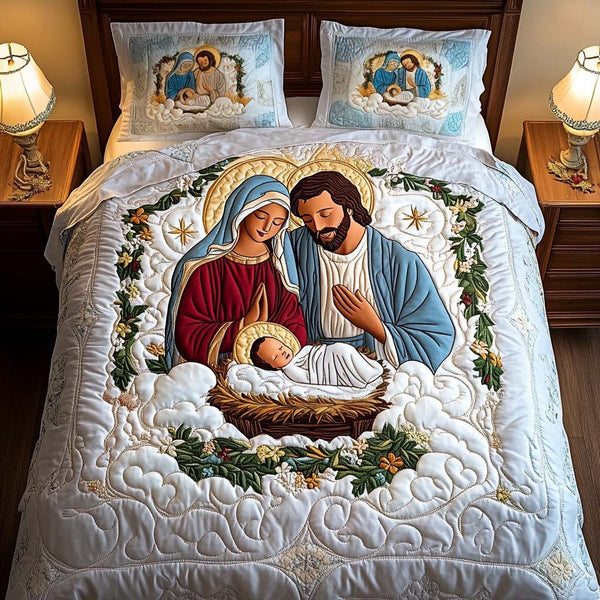 Sacred Harmony quilted 3-piece bedding set on a made bed in a softly lit bedroom