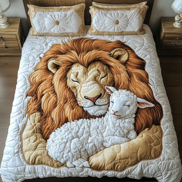 Sacred Harmony quilted 3-piece bedding set on a made bed in a softly lit bedroom