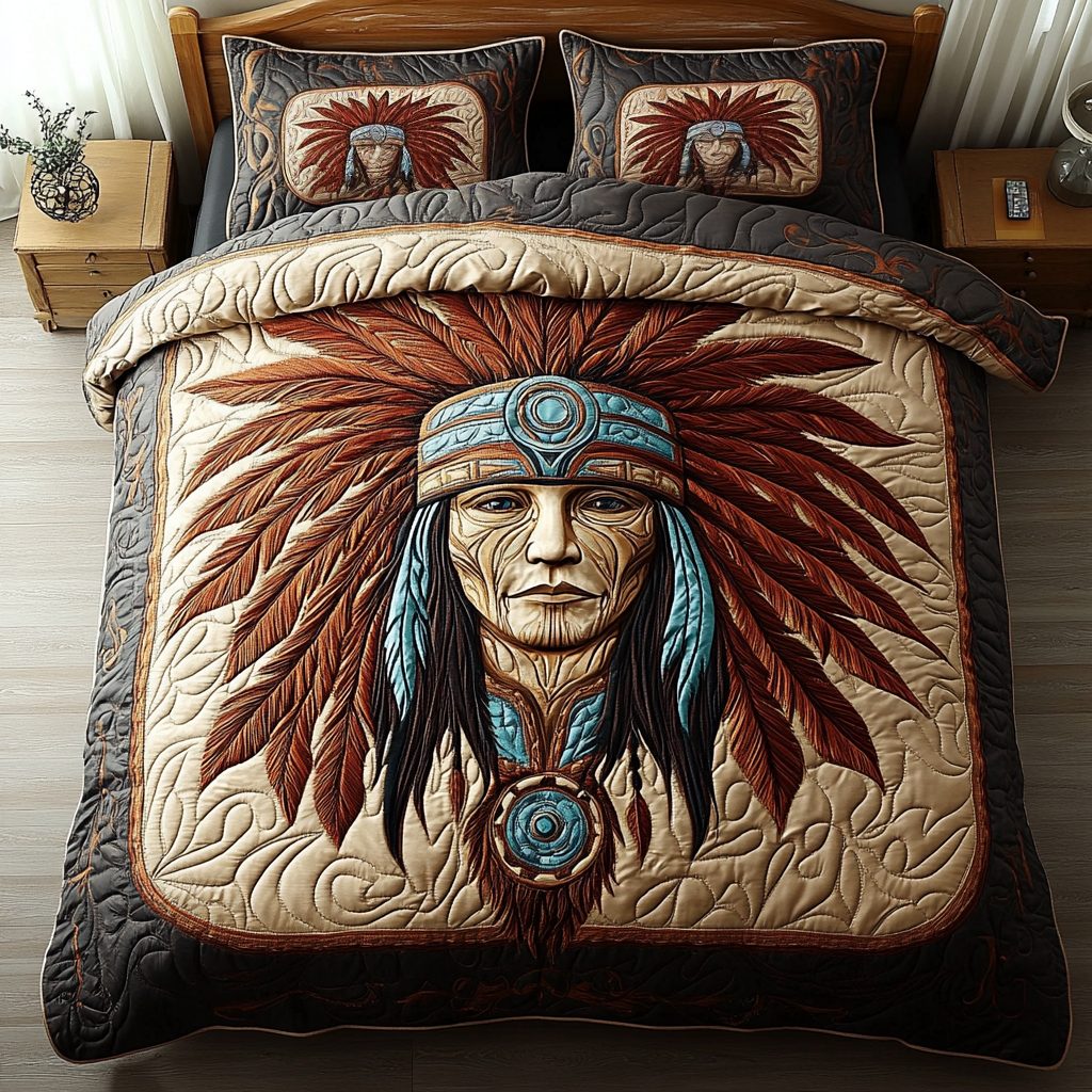 Sacred Headdress quilted 3-piece bedding set on a made bed in a softly lit bedroom