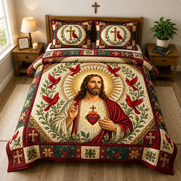 Sacred Heart Cardinal quilted 3-piece bedding set on a made bed in a softly lit bedroom