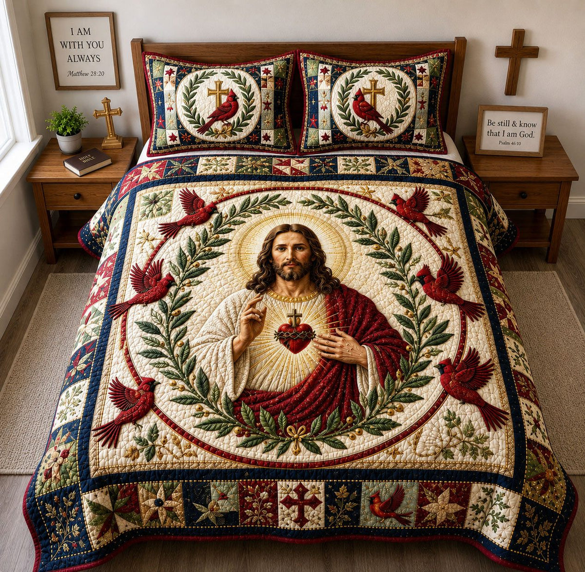 Sacred Heart Cardinal quilted 3-piece bedding set on a made bed in a softly lit bedroom