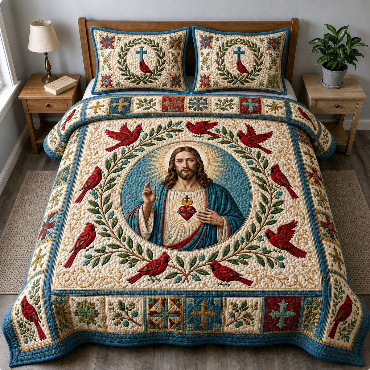 Sacred Heart Cardinals quilted 3-piece bedding set on a made bed in a softly lit bedroom