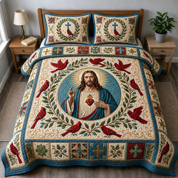 Sacred Heart Cardinals quilted 3-piece bedding set on a made bed in a softly lit bedroom