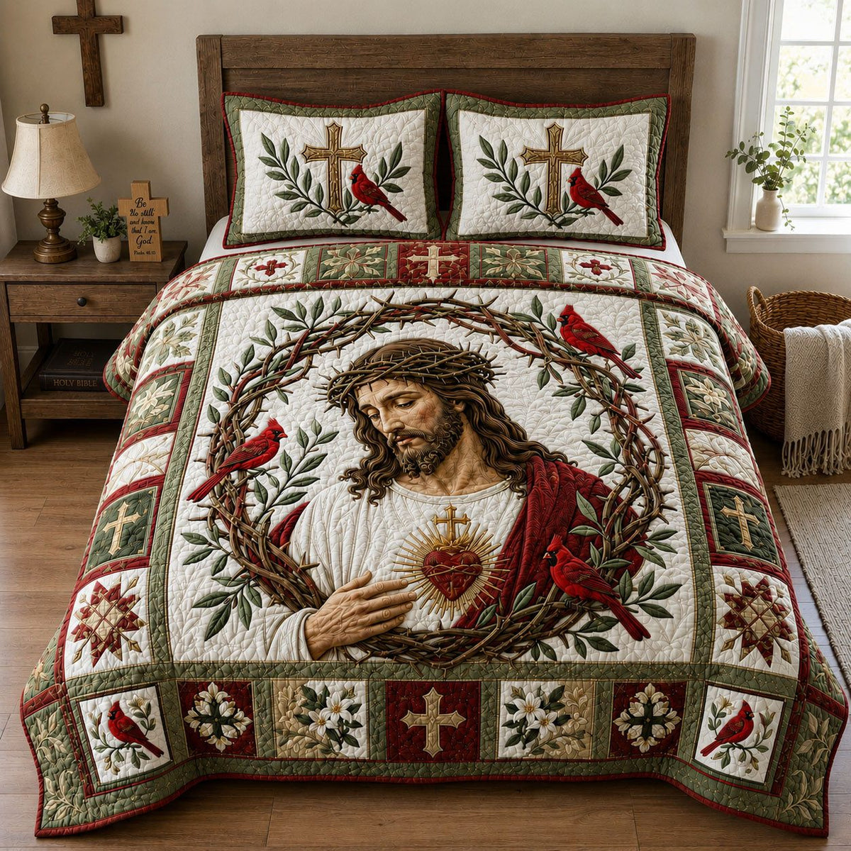 Sacred Heart Crown of Thorns quilted 3-piece bedding set on a made bed in a softly lit bedroom