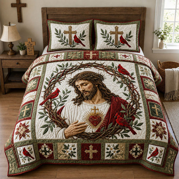 Sacred Heart Crown of Thorns quilted 3-piece bedding set on a made bed in a softly lit bedroom