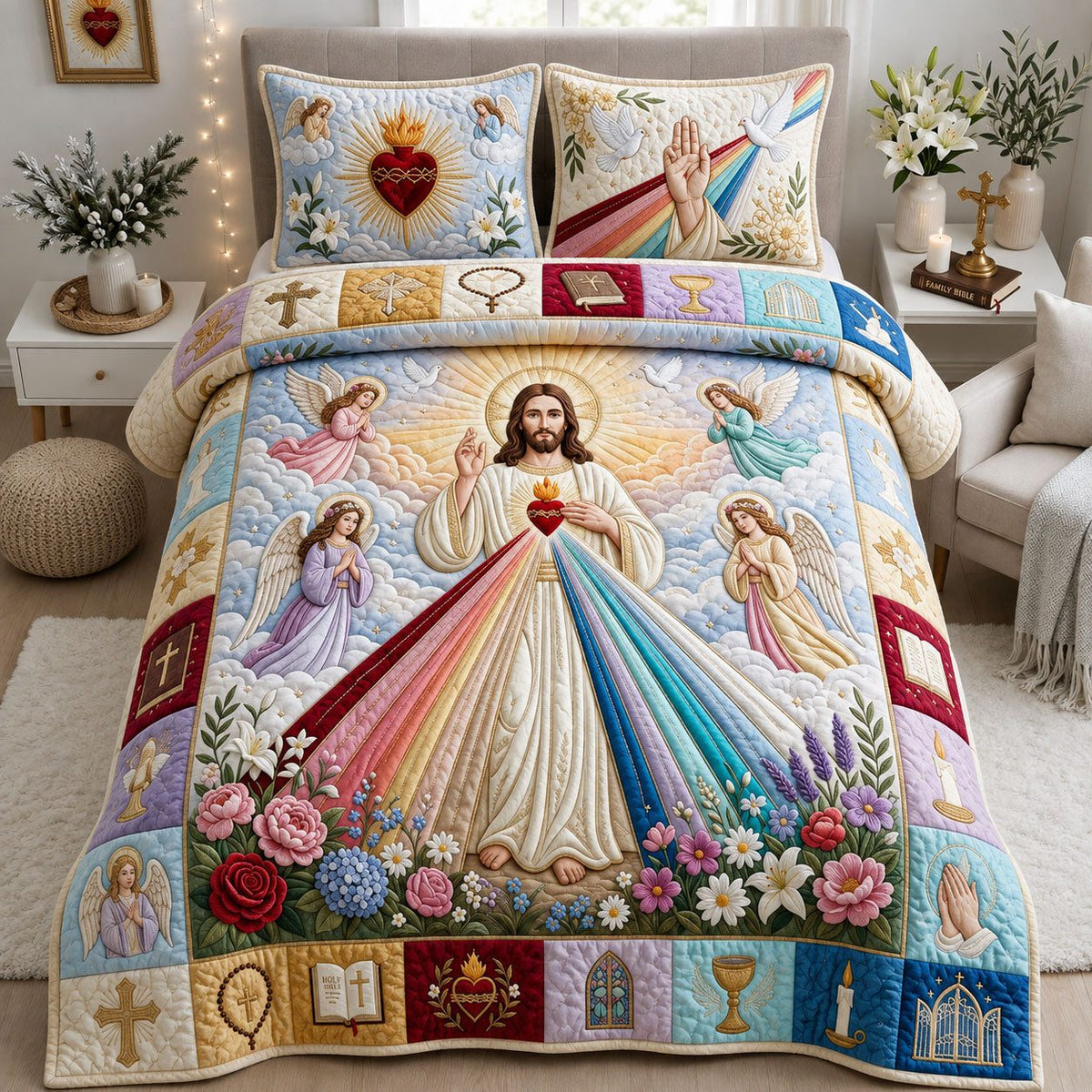 Sacred Heart Jesus quilted 3-piece bedding set on a made bed in a softly lit bedroom