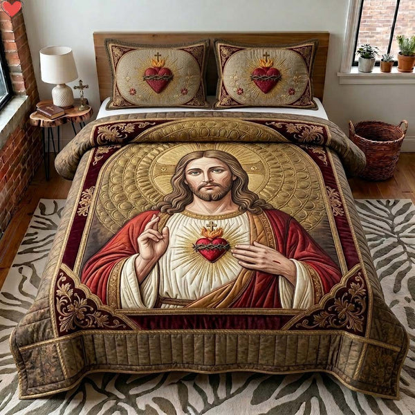 Sacred Heart Majesty quilted 3-piece bedding set on a made bed in a softly lit bedroom