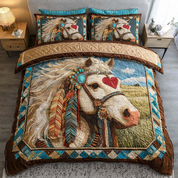 Sacred Heart Mustang quilted 3-piece bedding set on a made bed in a softly lit bedroom