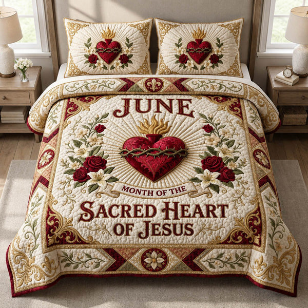 Sacred Heart Of Jesus quilted 3-piece bedding set on a made bed in a softly lit bedroom