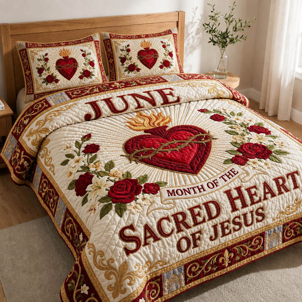 Sacred Heart Of Jesus quilted 3-piece bedding set on a made bed in a softly lit bedroom