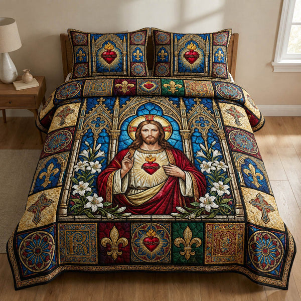 Sacred Heart Of Jesus quilted 3-piece bedding set on a made bed in a softly lit bedroom