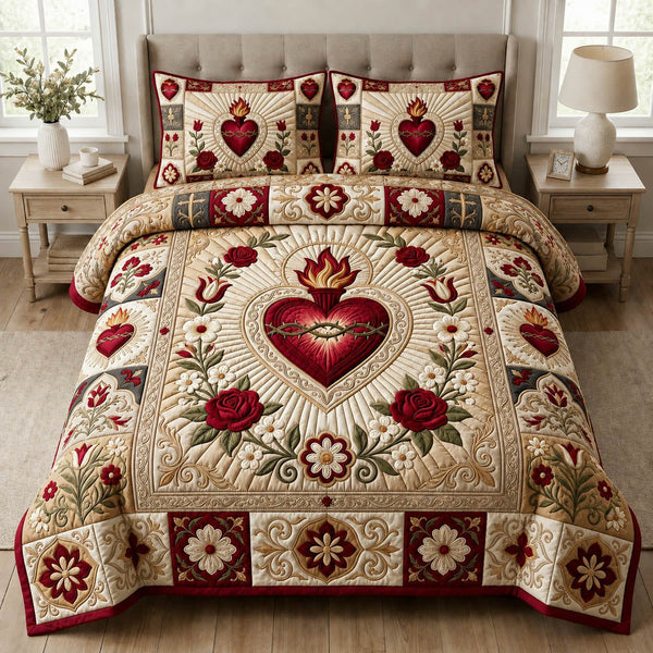 Sacred Heart Of Jesus quilted 3-piece bedding set on a made bed in a softly lit bedroom