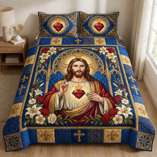 Sacred Heart Of Jesus quilted 3-piece bedding set on a made bed in a softly lit bedroom