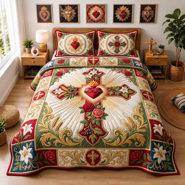 Sacred Heart quilted 3-piece bedding set on a made bed in a softly lit bedroom