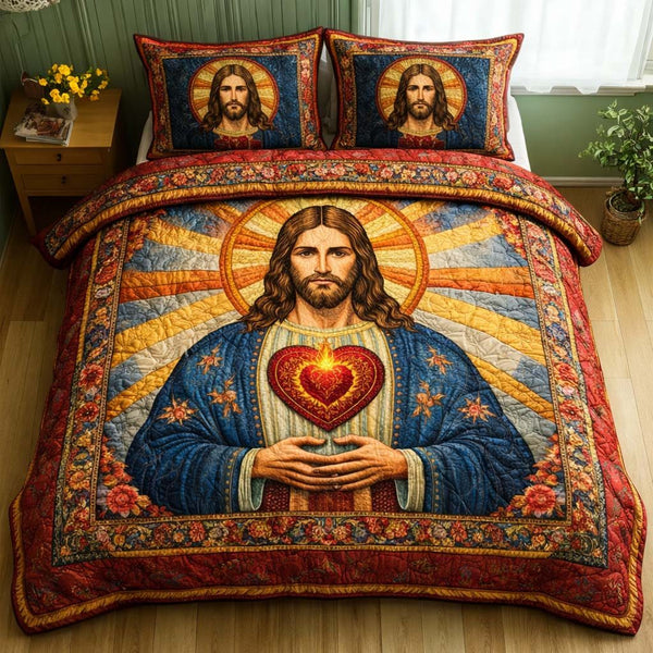 Sacred Heart quilted 3-piece bedding set on a made bed in a softly lit bedroom