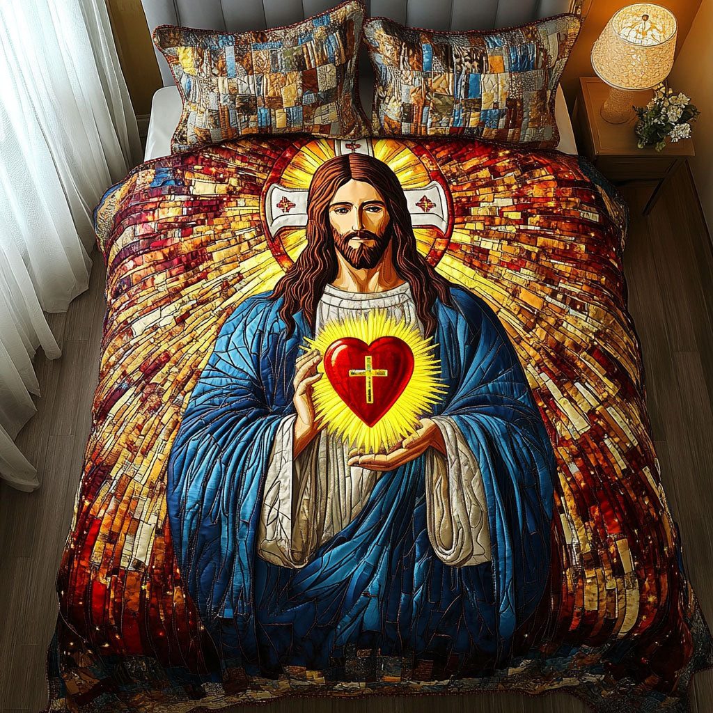 Sacred Heart quilted 3-piece bedding set on a made bed in a softly lit bedroom