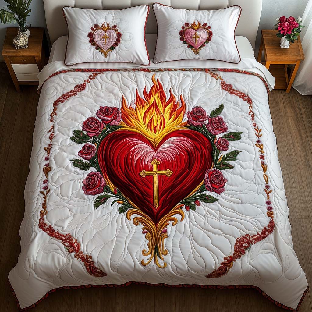 Sacred Heartfire quilted 3-piece bedding set on a made bed in a softly lit bedroom