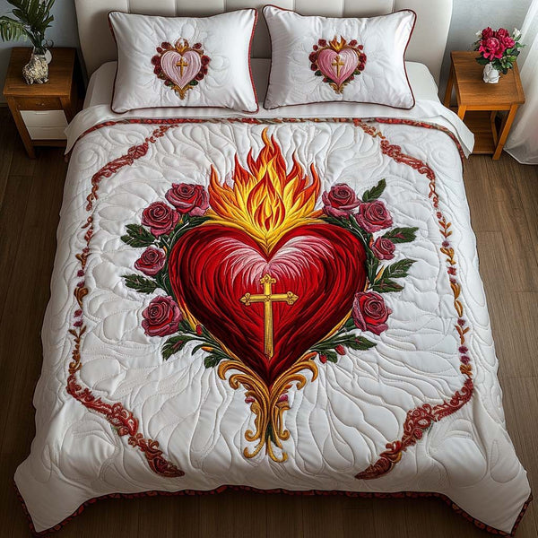 Sacred Heartfire quilted 3-piece bedding set on a made bed in a softly lit bedroom