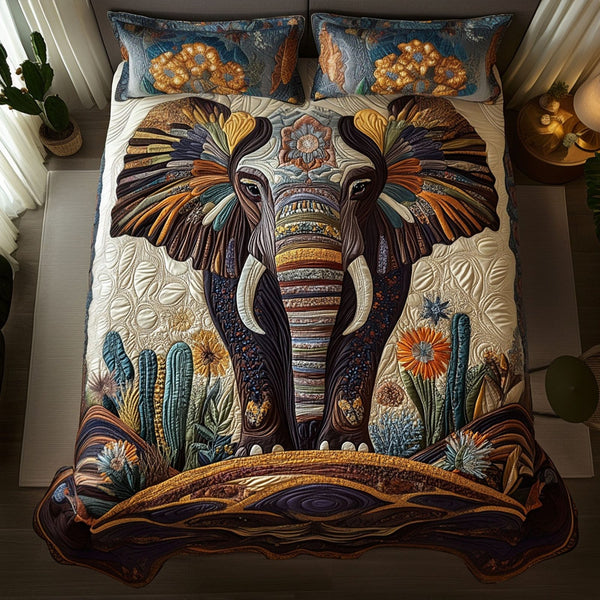 Sacred Herd quilted 3-piece bedding set on a made bed in a softly lit bedroom