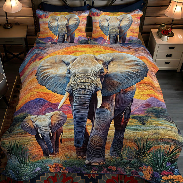 Sacred Herd Quilted quilted 3-piece bedding set on a made bed in a softly lit bedroom
