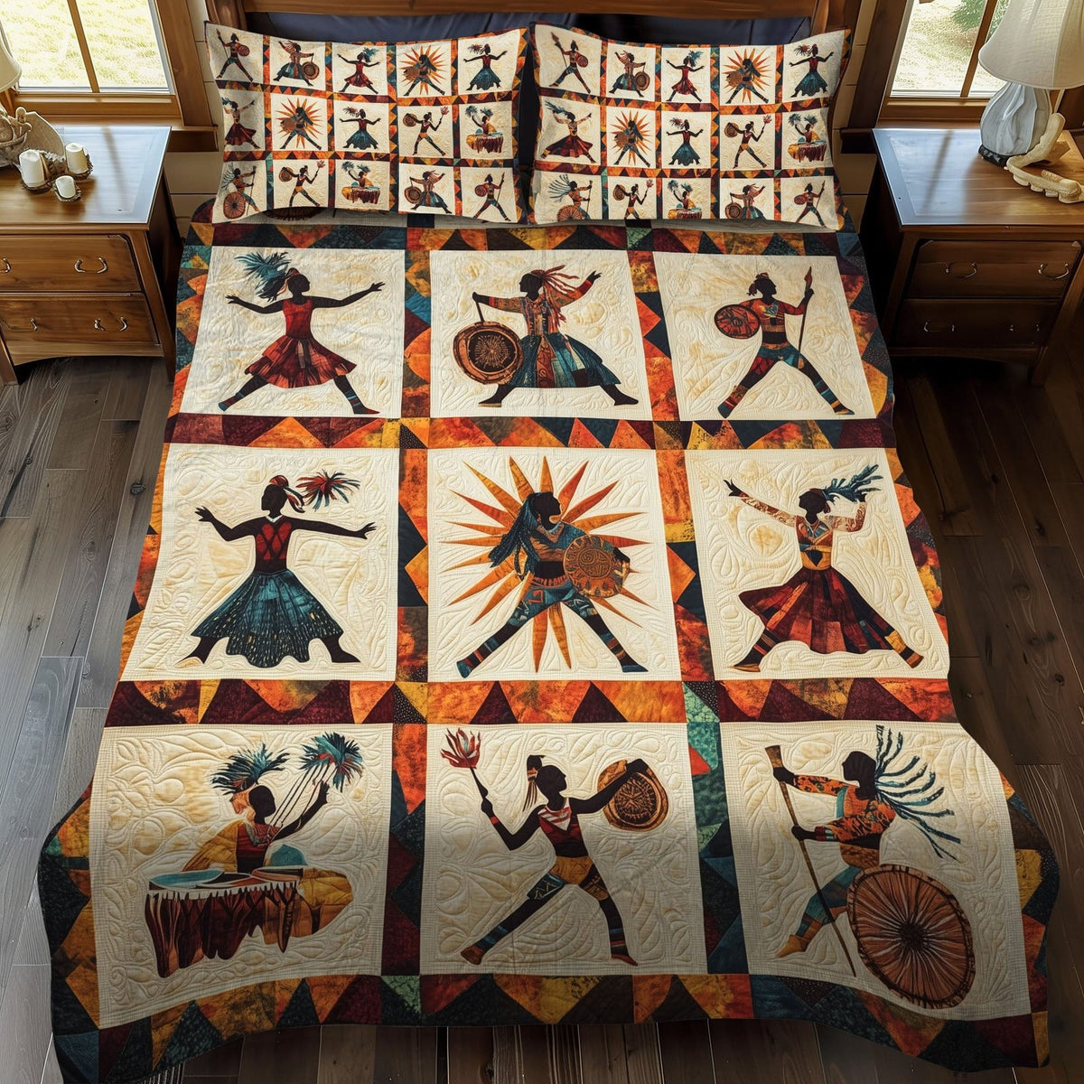 Sacred Heritage quilted 3-piece bedding set on a made bed in a softly lit bedroom