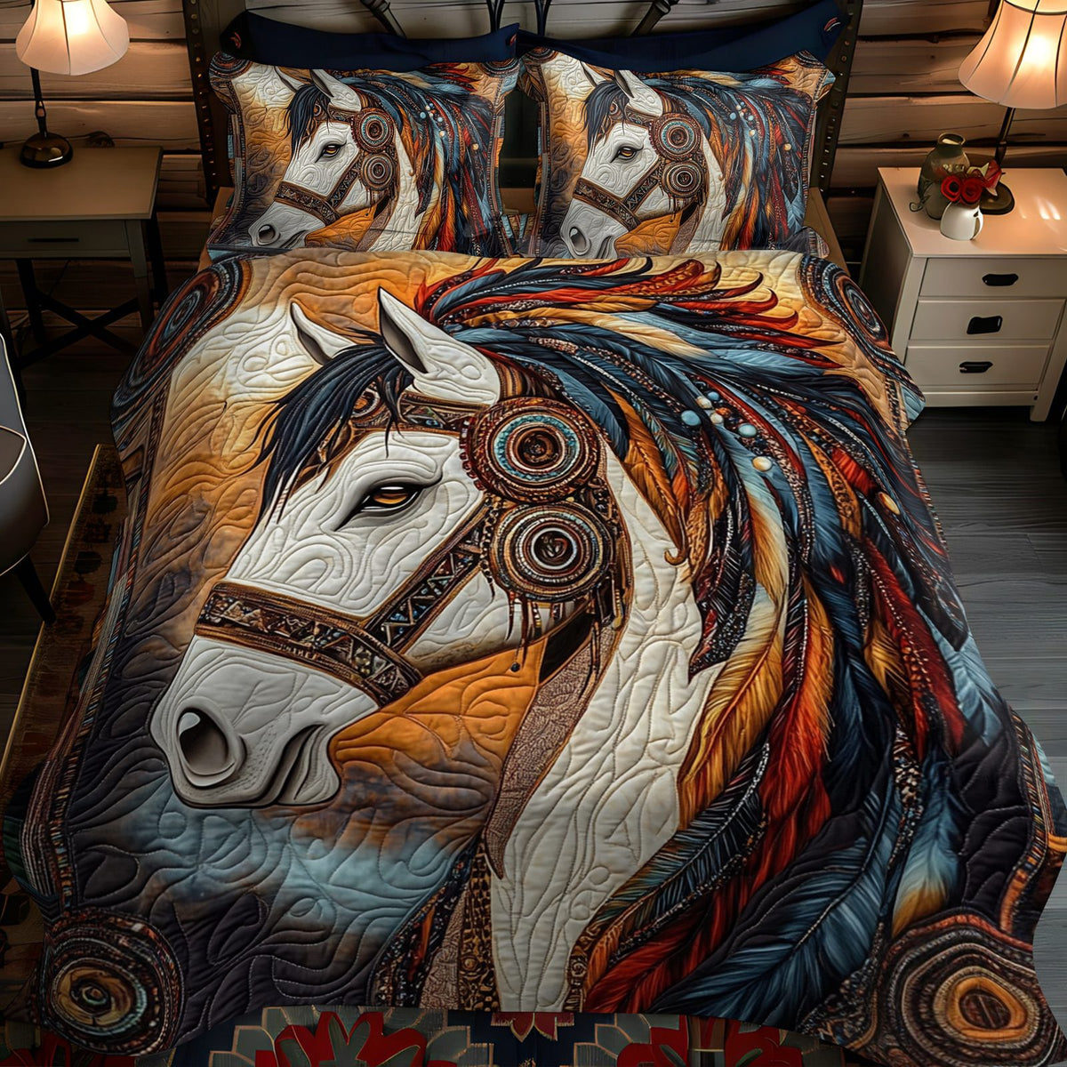 Sacred Hoof quilted 3-piece bedding set on a made bed in a softly lit bedroom
