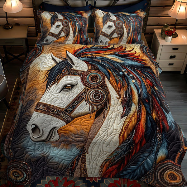 Sacred Hoof quilted 3-piece bedding set on a made bed in a softly lit bedroom