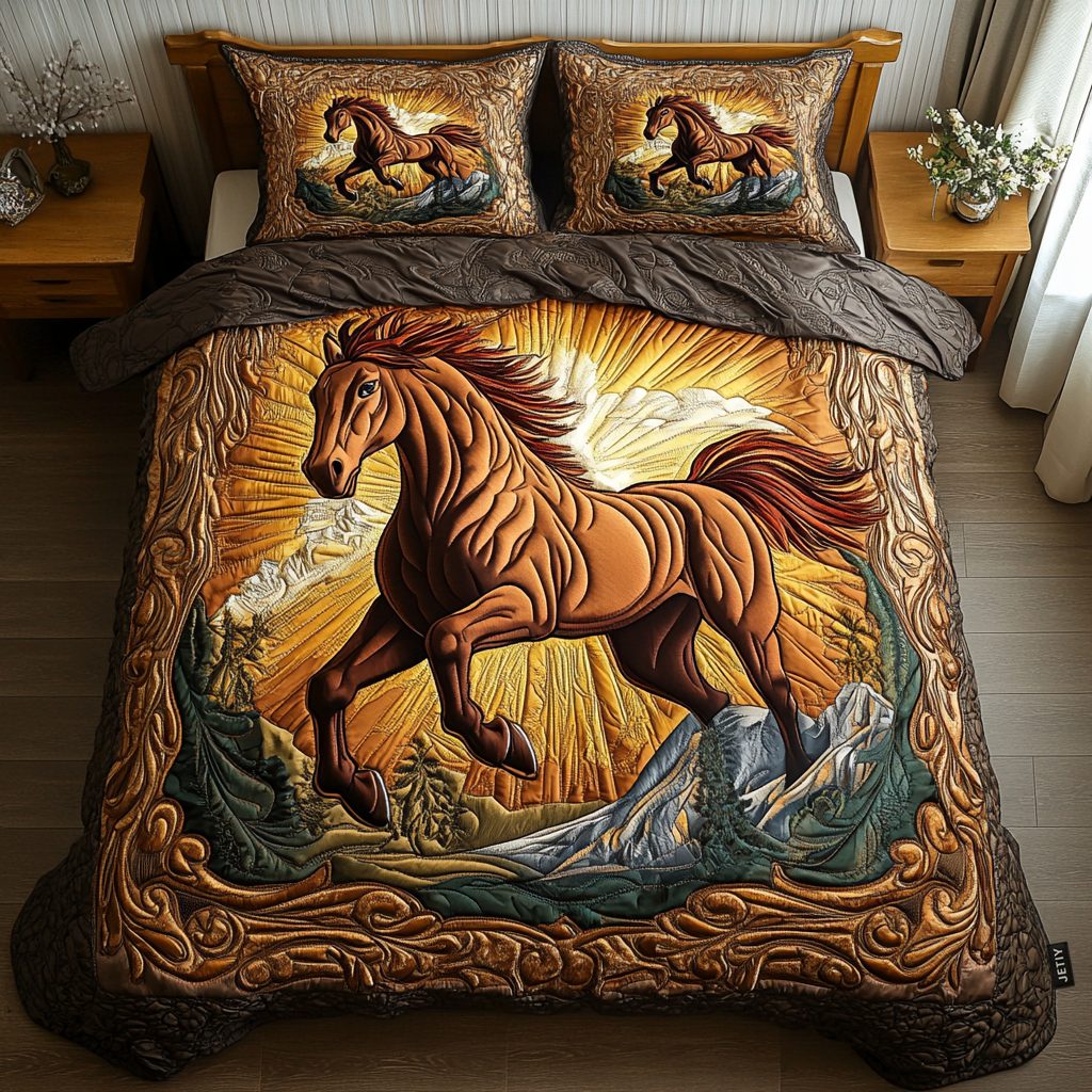 Sacred Hoofprints quilted 3-piece bedding set on a made bed in a softly lit bedroom