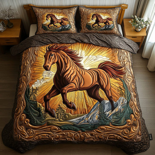 Sacred Hoofprints quilted 3-piece bedding set on a made bed in a softly lit bedroom