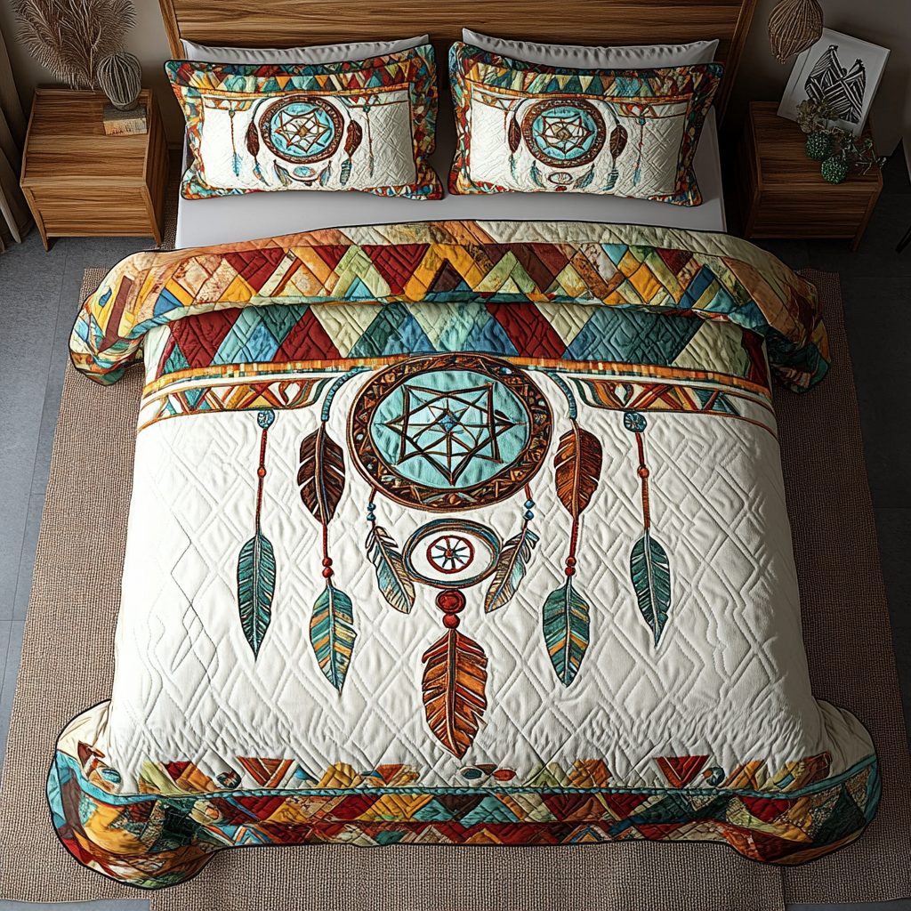Sacred Hoop quilted 3-piece bedding set on a made bed in a softly lit bedroom