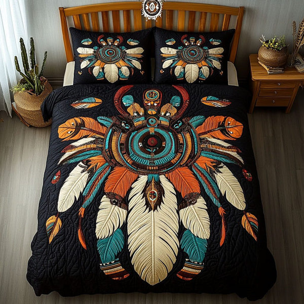 Sacred Hoop Serenity quilted 3-piece bedding set on a made bed in a softly lit bedroom