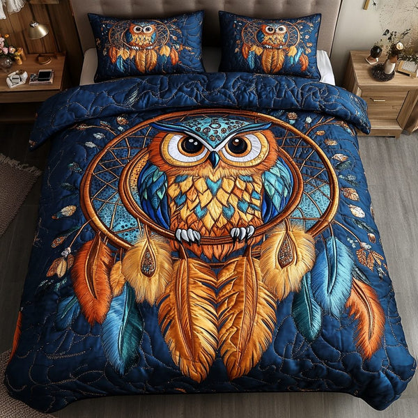 Sacred Hoots quilted 3-piece bedding set on a made bed in a softly lit bedroom
