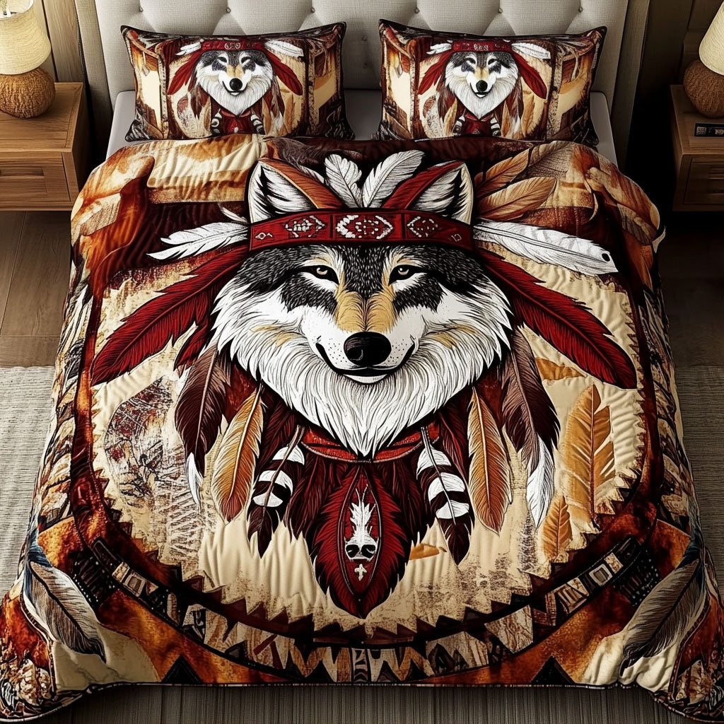 Sacred Howler quilted 3-piece bedding set on a made bed in a softly lit bedroom
