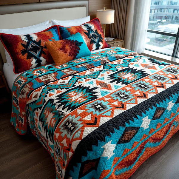 Sacred Journey quilted 3-piece bedding set on a made bed in a softly lit bedroom